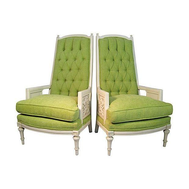Green High Back Tufted Broyhill Chairs - A Pair